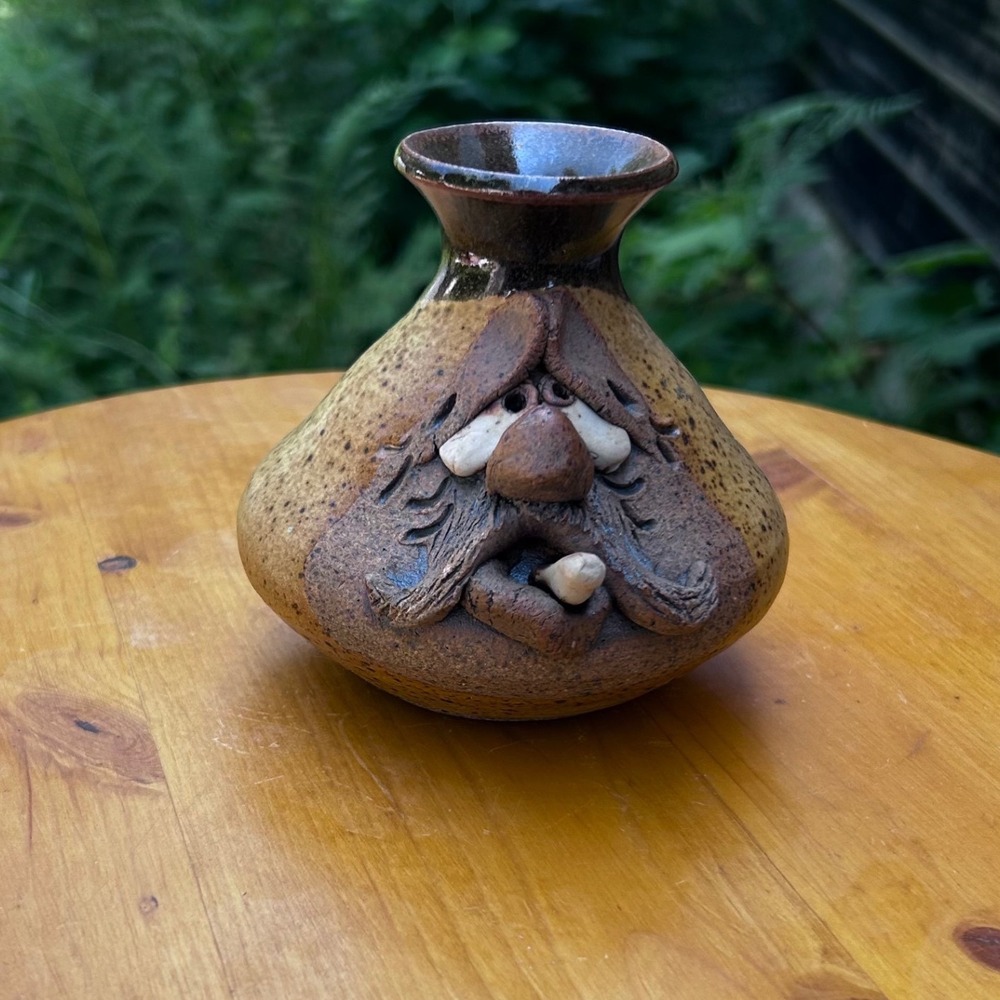Vintage Face Pottery Candle‎ Holder Small Brown Whimsical Ugly Jug Ballerge